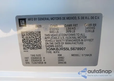 2020 Chevrolet Blazer Awd 3Lt z USA, uszkodzony, nr VIN 3GNKBJRS5LS678907